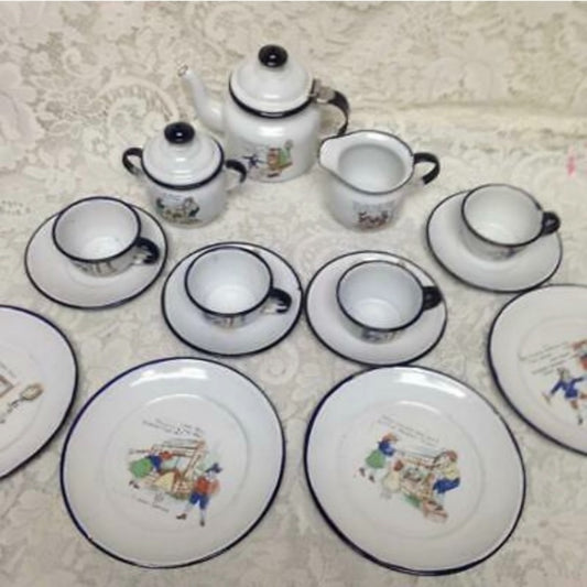 Antique, Rare, 17pc Nursery Rhyme,  Enamelware Tea Set (A)