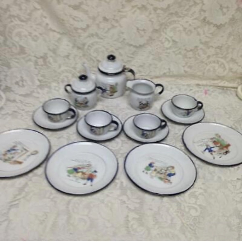 Antique, Rare, 17pc Nursery Rhyme,  Enamelware Tea Set (A)