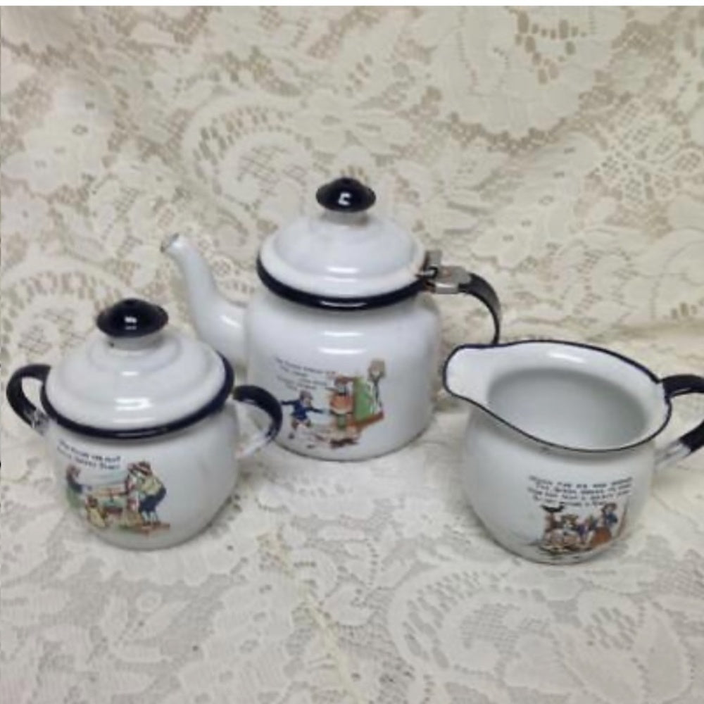 Antique, Rare, 17pc Nursery Rhyme,  Enamelware Tea Set (A)