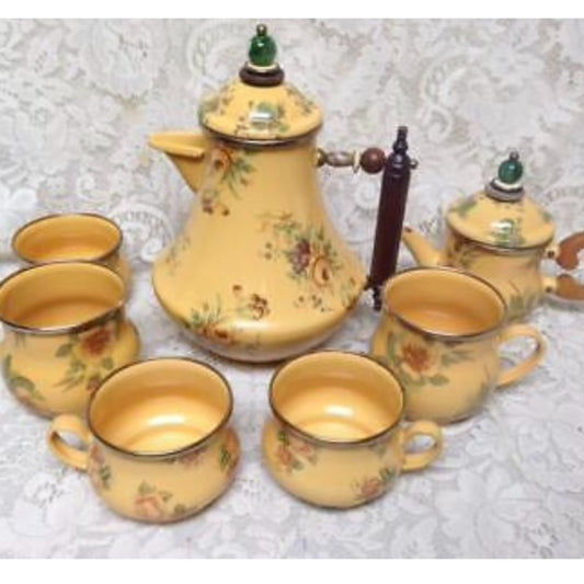 Vintage, MacKenzie Childs Mustard Yellow Floral Enamelware 9pcTea Set