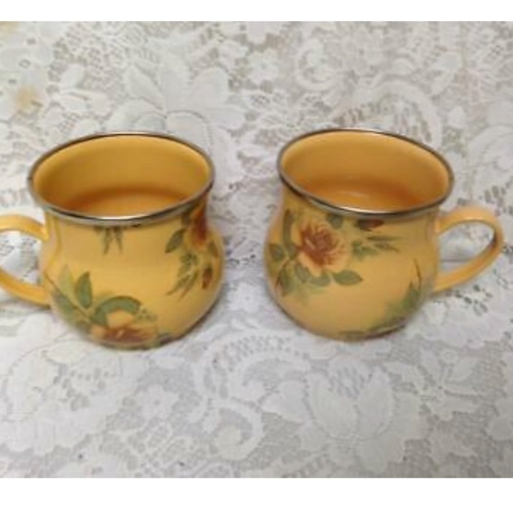 Vintage, MacKenzie Childs Mustard Yellow Floral Enamelware 9pcTea Set