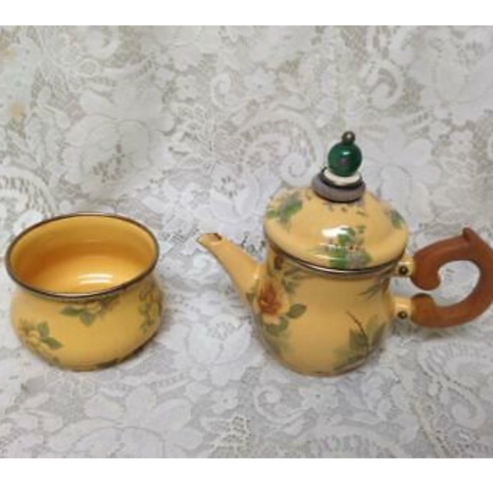 Vintage, MacKenzie Childs Mustard Yellow Floral Enamelware 9pcTea Set