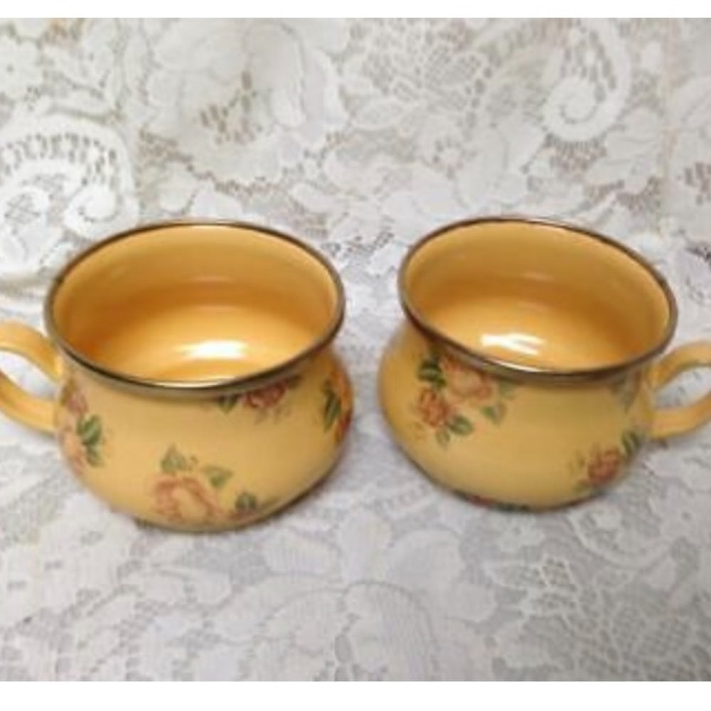 Vintage, MacKenzie Childs Mustard Yellow Floral Enamelware 9pcTea Set