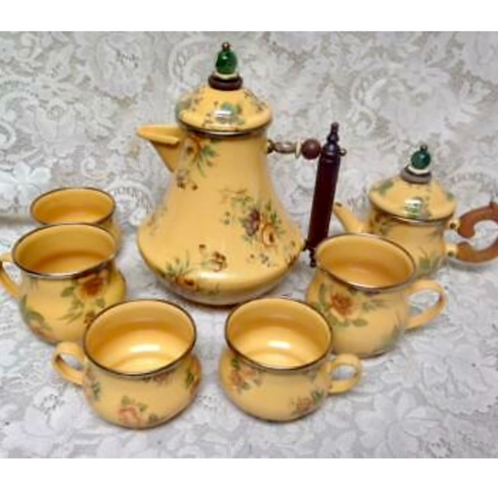 Vintage, MacKenzie Childs Mustard Yellow Floral Enamelware 9pcTea Set