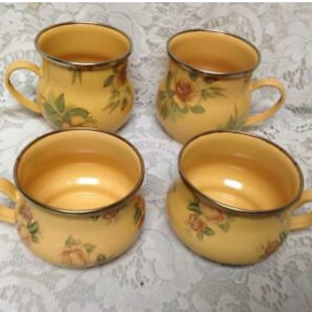 Vintage, MacKenzie Childs Mustard Yellow Floral Enamelware 9pcTea Set