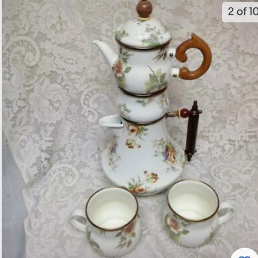 Vintage, MacKenzie Childs White Floral Enamelware 7pcTea Set