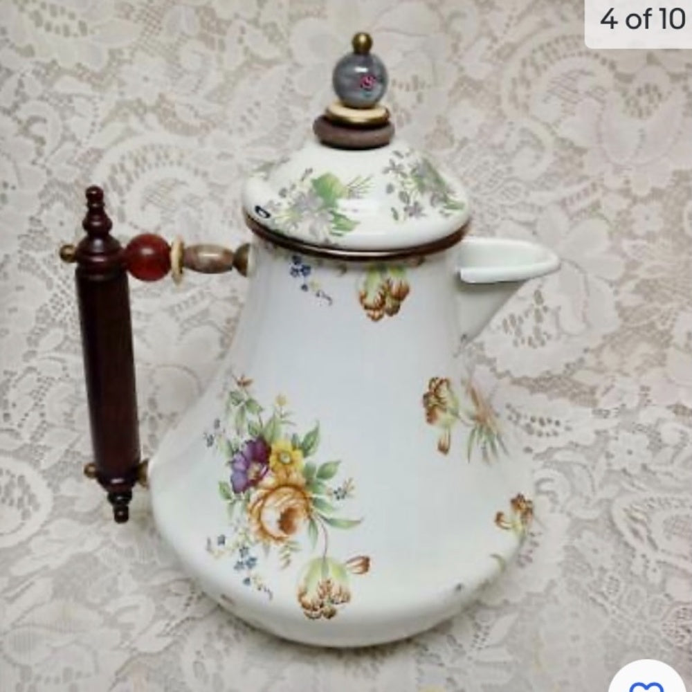Vintage, MacKenzie Childs White Floral Enamelware 7pcTea Set