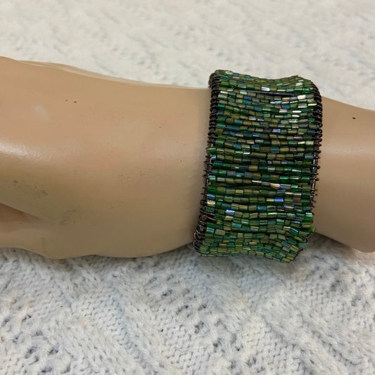 Iridescent Green Beads Cuff Bangle