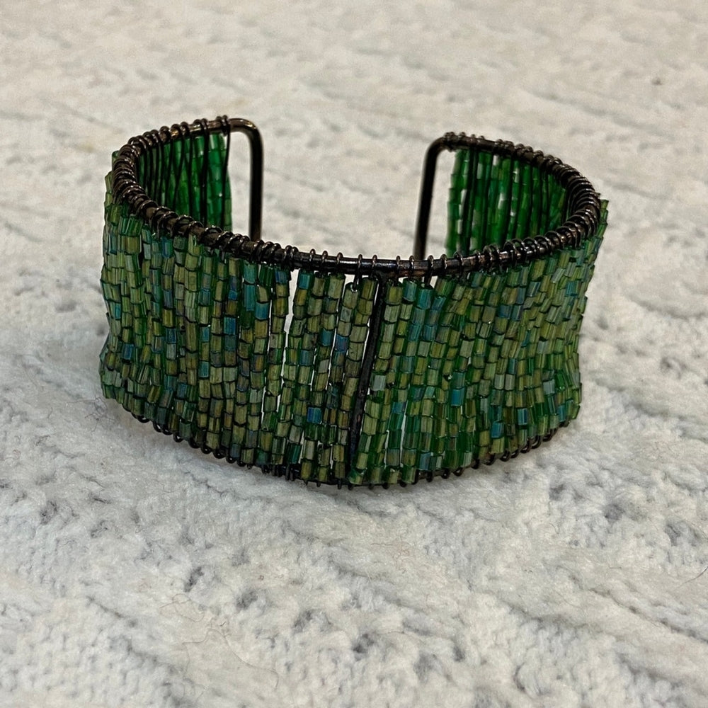 Iridescent Green Beads Cuff Bangle