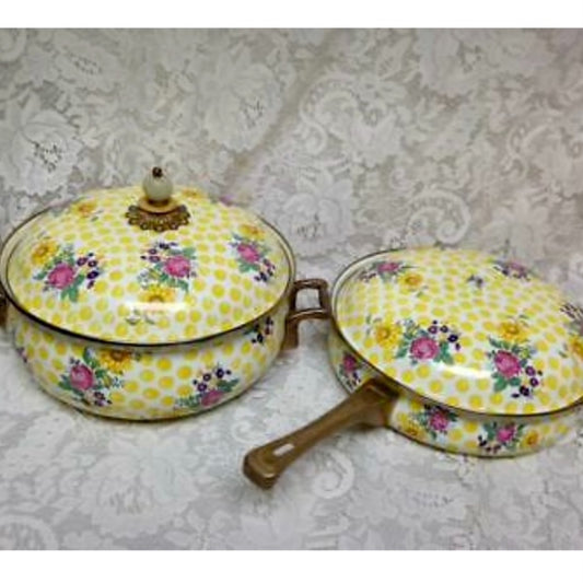 MacKenzie Childs Buttercup 4pc Enamel Cookware -5qts Covered Pot and Skillet