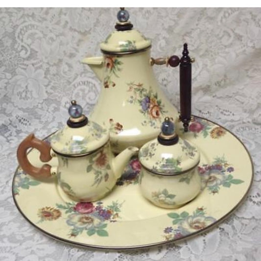 1983 Camp MacKenzie Childs Ltd., Beige Floral Enamelware, 7pcTea Set