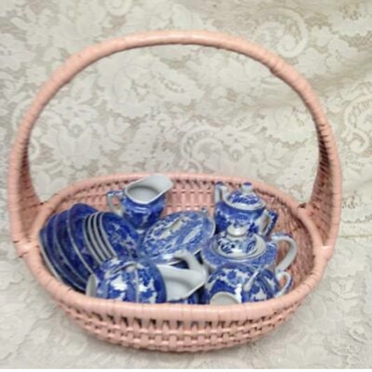 Vintage Made in Japan, Blue Willow 21pc Child’s Tea-Dinner Set with Pink Basket