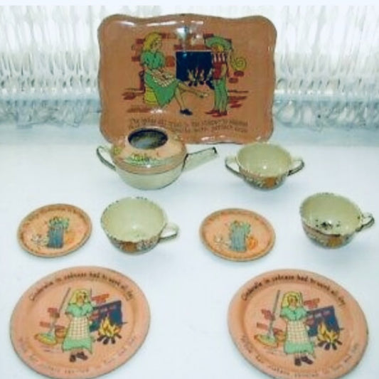 1930s Ohio Art, Fern B. Peat Cinderella 9-pc Child’s Tin Tea Set