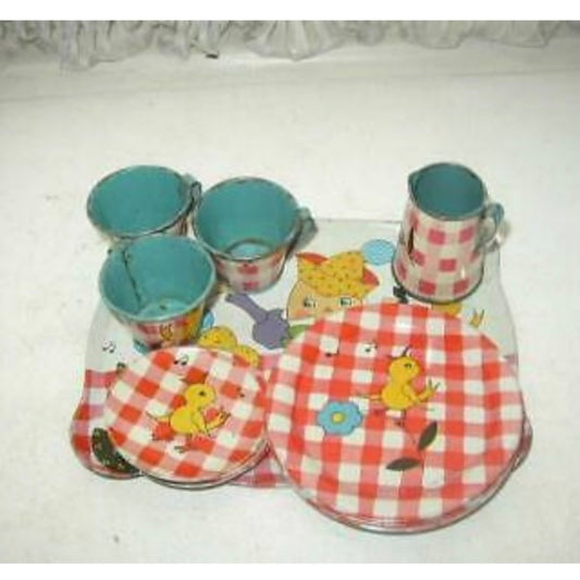 Rare,  1930s Ohio Art, FB Peat’s Humpty Dumpty  11-pc Childs Tin Tea Set