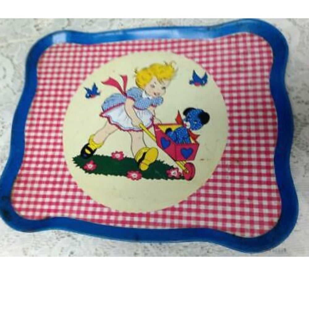 1940-50s Ohio Art, Red Plaid 14-pc Child’s Tin Tea Set