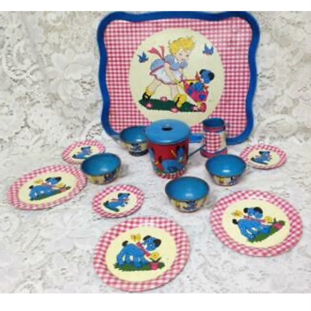 1940-50s Ohio Art, Red Plaid 14-pc Child’s Tin Tea Set