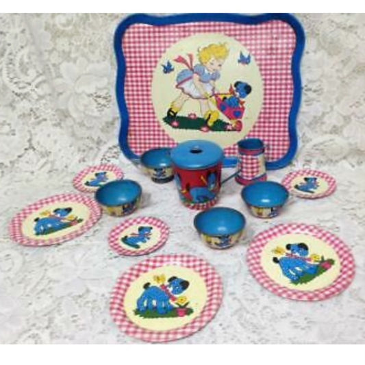 1940-50s Ohio Art, Red Plaid 14-pc Child’s Tin Tea Set