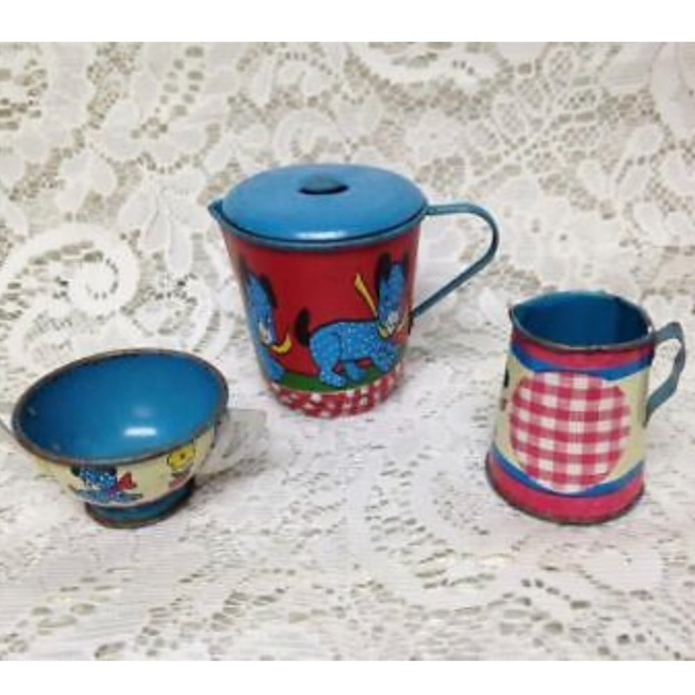 1940-50s Ohio Art, Red Plaid 14-pc Child’s Tin Tea Set
