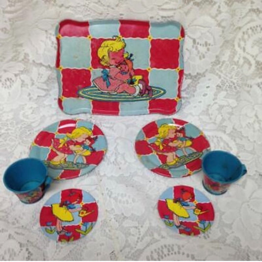 1950 Ohio Art, Girl with Dolly, 7-pc Child’s Tin Tea Set
