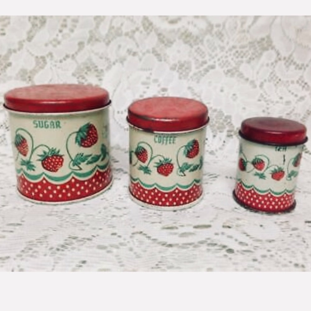 Rare 1950s Child’s Wolverine Strawberry 6-pc Canister Set