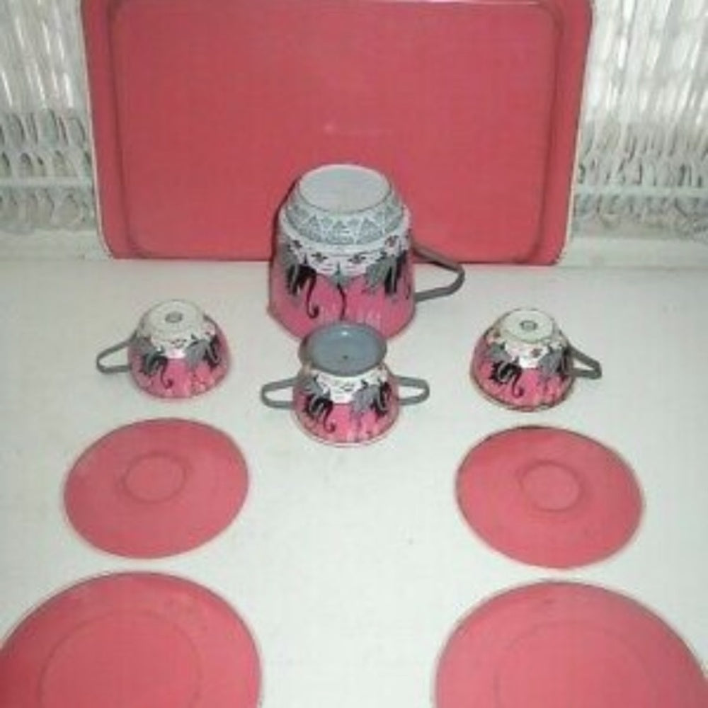 1956 Ohio Art, Pink Willow with Swans Child’s Tin Tea Set