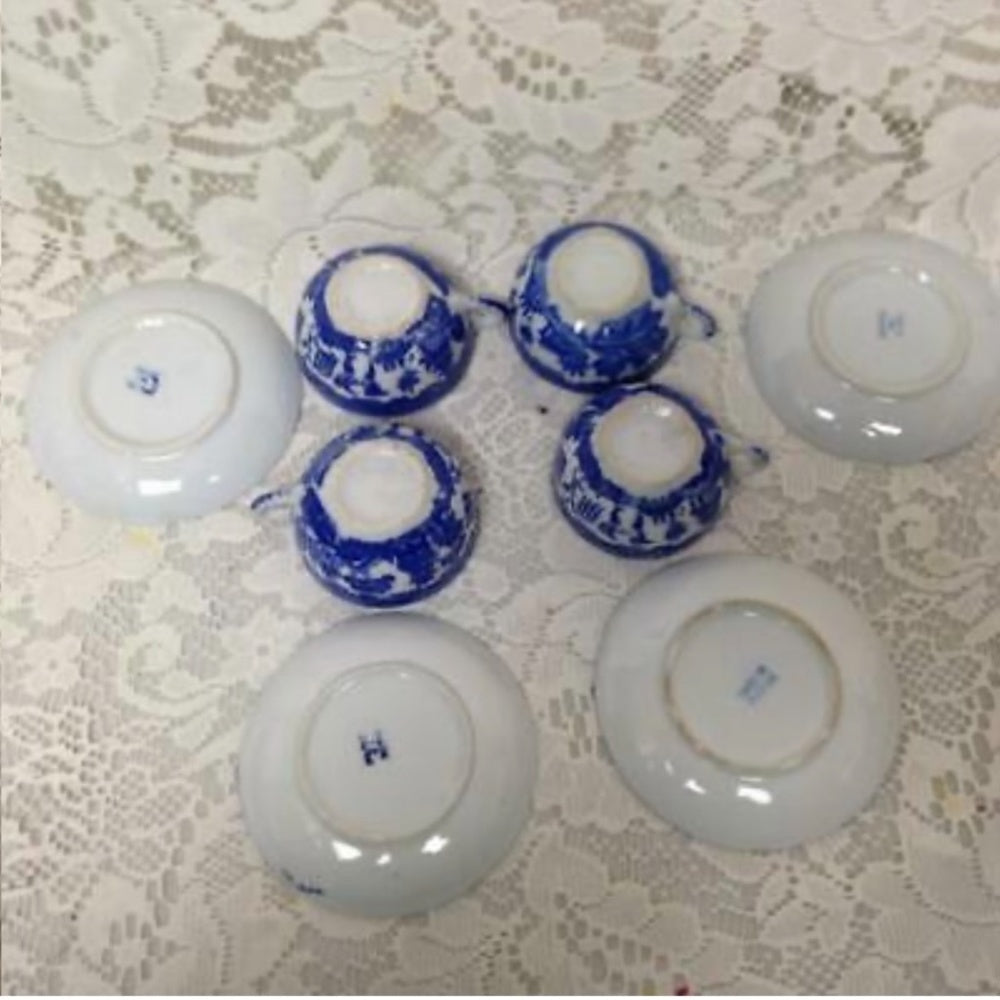 Vintage, Occupied Japan, Blue Willow, 19pc Child’s Tea Set -Wicker Picnic Basket