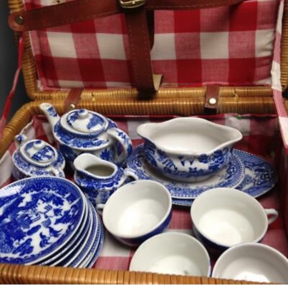 Vintage, Occupied Japan, Blue Willow, 19pc Child’s Tea Set -Wicker Picnic Basket