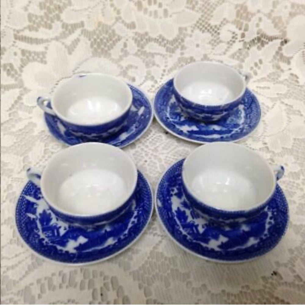 Vintage, Occupied Japan, Blue Willow, 19pc Child’s Tea Set -Wicker Picnic Basket
