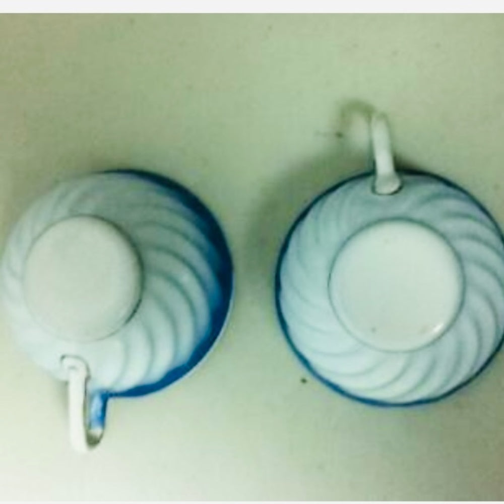 Antique, Rare, 4-pc Child’s Flow Blue Enamelware Cup and Saucer
