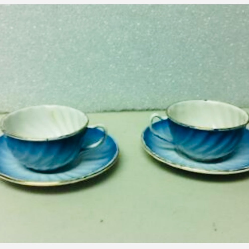Antique, Rare, 4-pc Child’s Flow Blue Enamelware Cup and Saucer