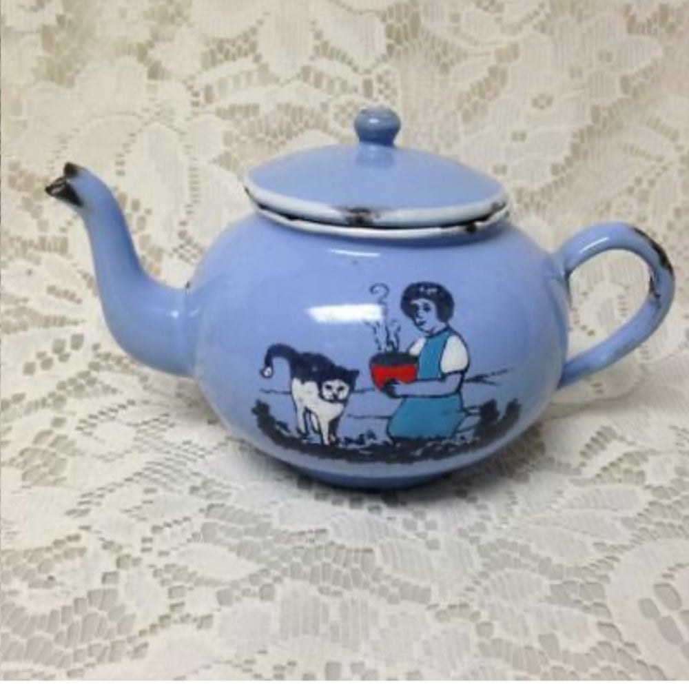 Antique, Rare, Germany, Sky Blue  Enamelware, 6pc Childs Tea Set