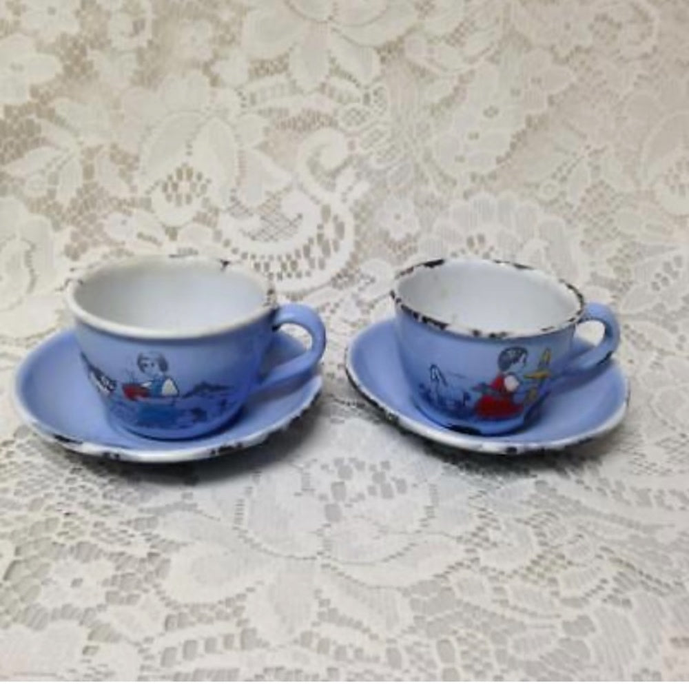 Antique, Rare, Germany, Sky Blue  Enamelware, 6pc Childs Tea Set
