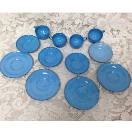 Vintage 12-pc French Blue Enamelware, Child’s Dinner-Tea Set for 4