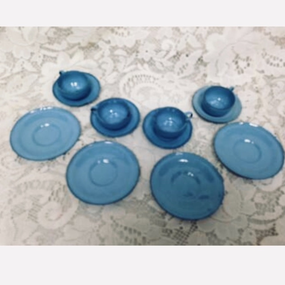 Vintage 12-pc French Blue Enamelware, Child’s Dinner-Tea Set for 4