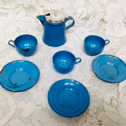Vintage 8-pc French Blue Enamelware, Child’s Tea Set with Silver Lid