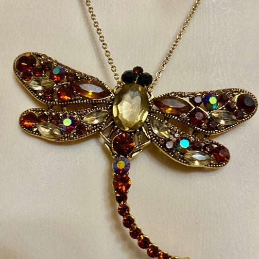 Elegant Chunky 4in x 3in Yellow-Brown Rhinestone Dragonfly Brooch-Pendant