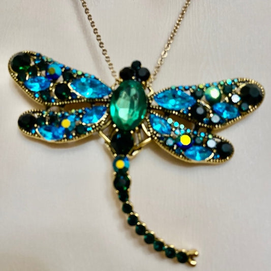 Elegant Chunky 4in x 3in Blue- Green Rhinestone Dragonfly Brooch-Pendant