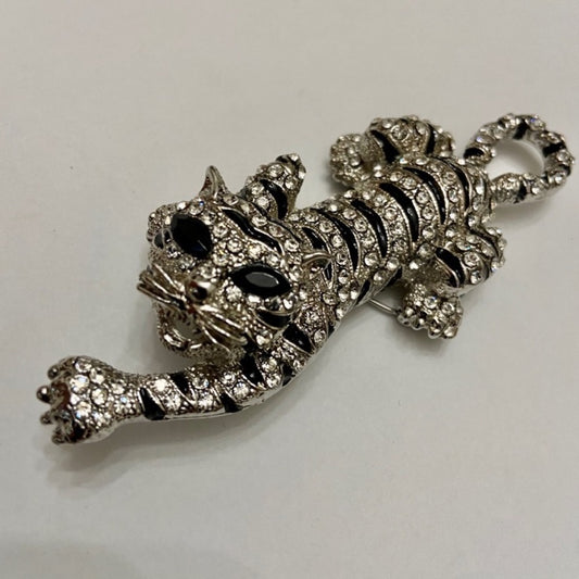 Elegant Chunky 4in x 2in clear and Black Rhinestone Tiger Brooch-Pendant