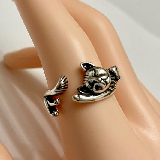 Custom Made Cat Hugger Silver Tone  Ring