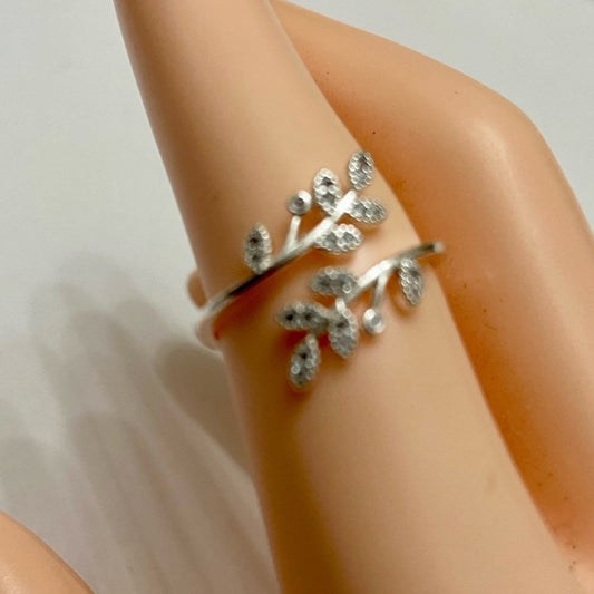 Custom Made Leaves with Rhinestones 925 Silver Ring Size 7-7.5