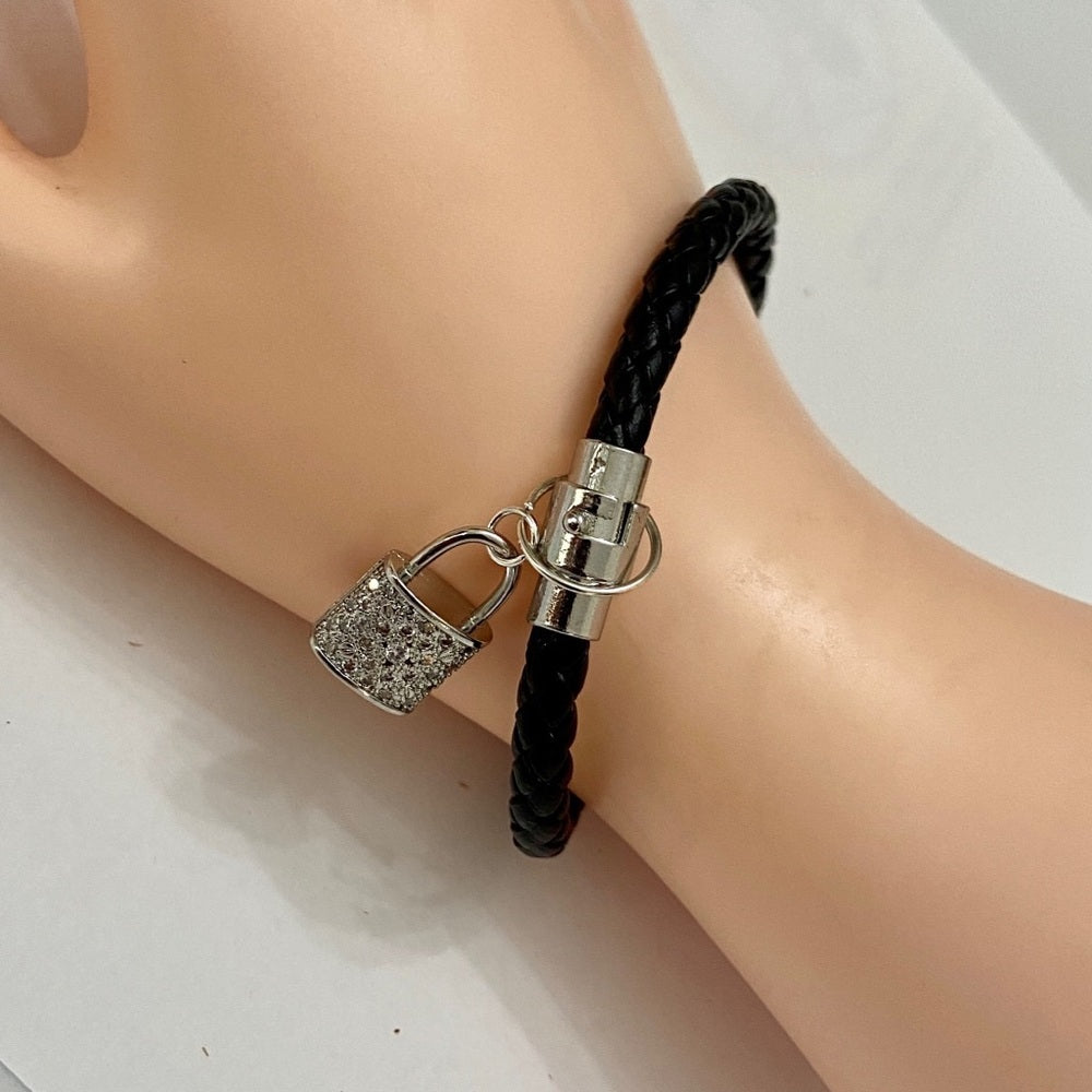 Black Braided Leather Bracelet with Padlock Charm