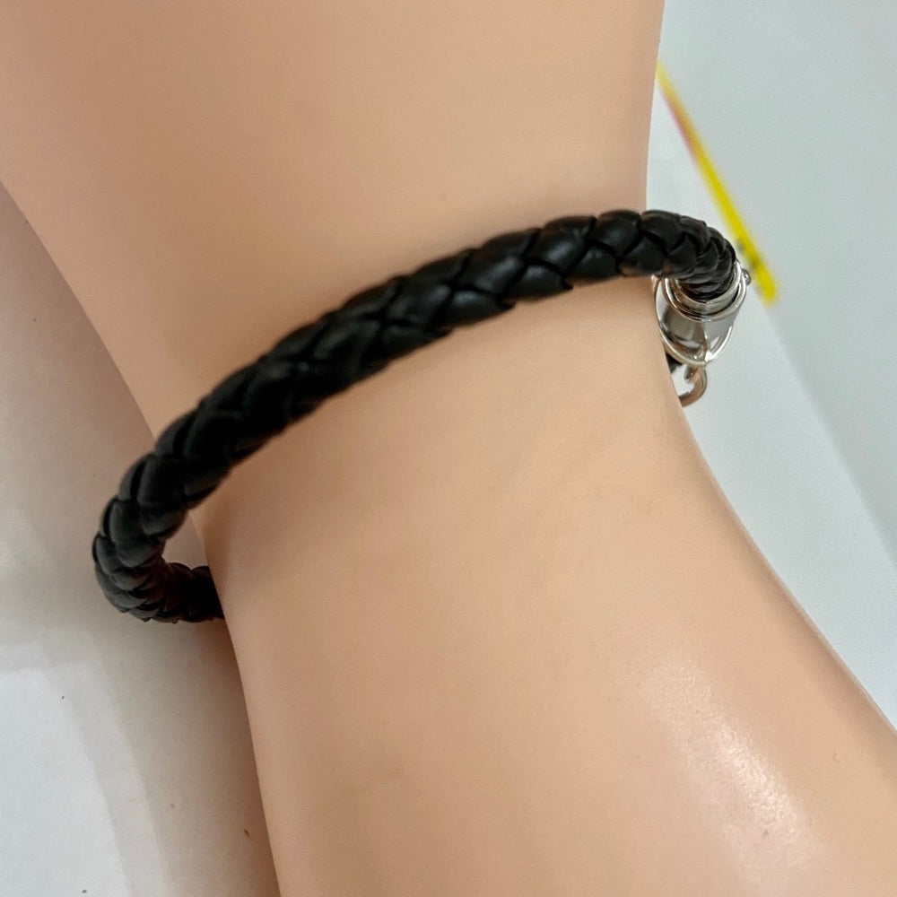 Black Braided Leather Bracelet with Padlock Charm