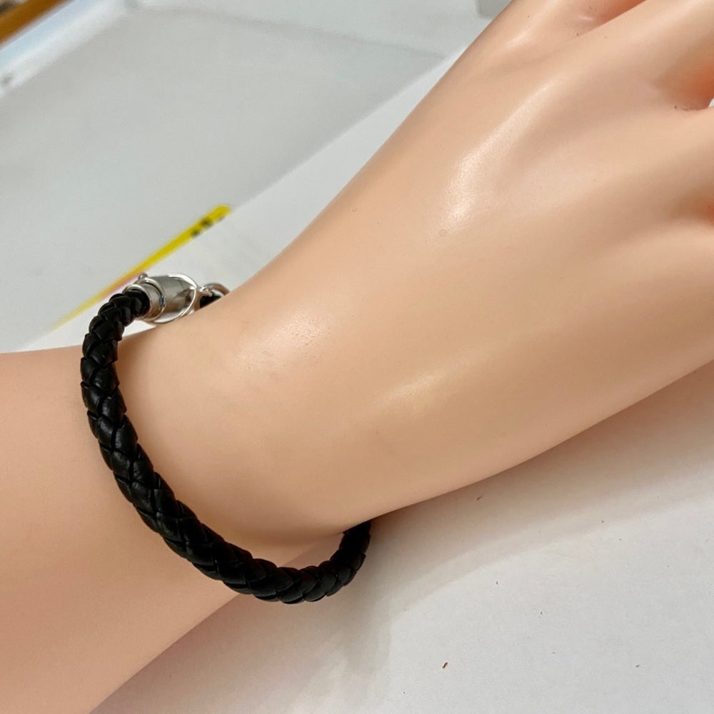 Black Braided Leather Bracelet with Padlock Charm