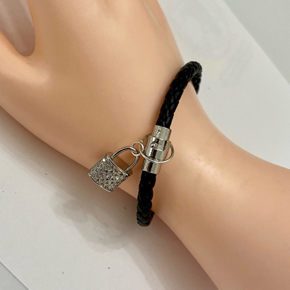 Black Braided Leather Bracelet with Padlock Charm