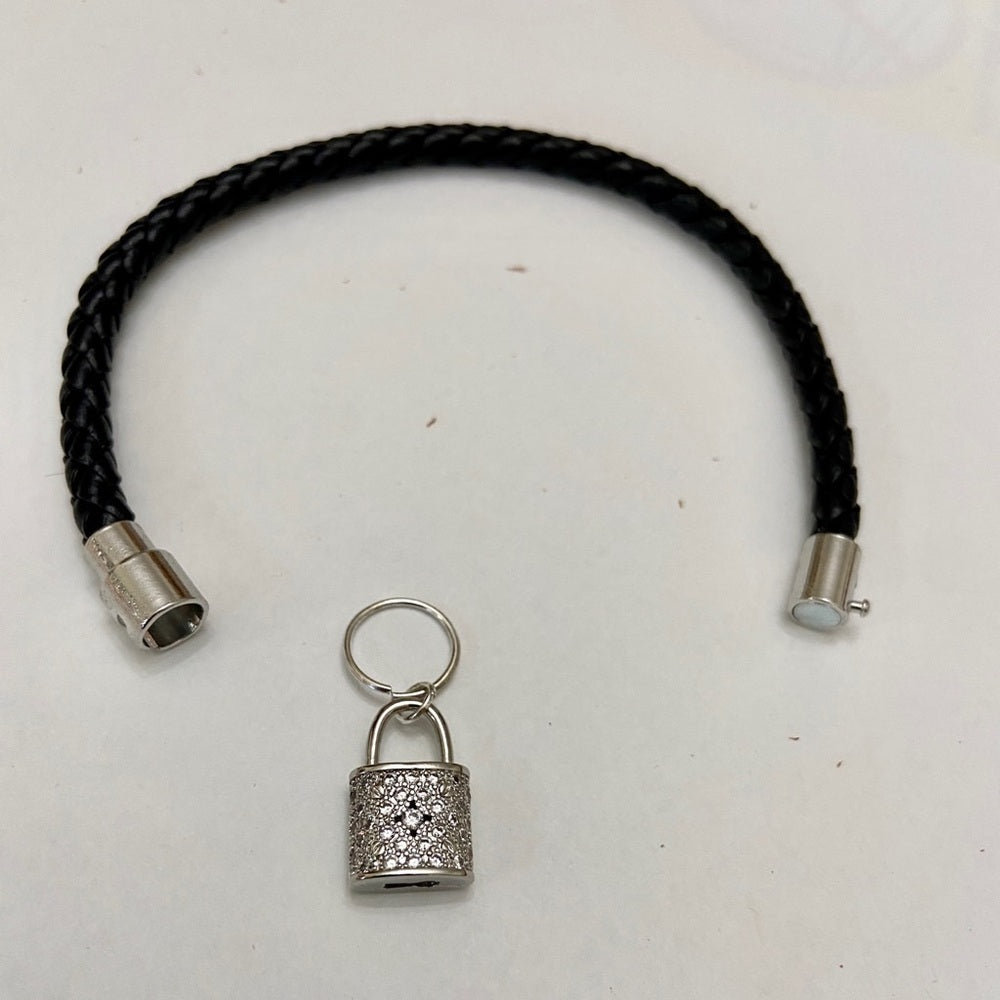 Black Braided Leather Bracelet with Padlock Charm