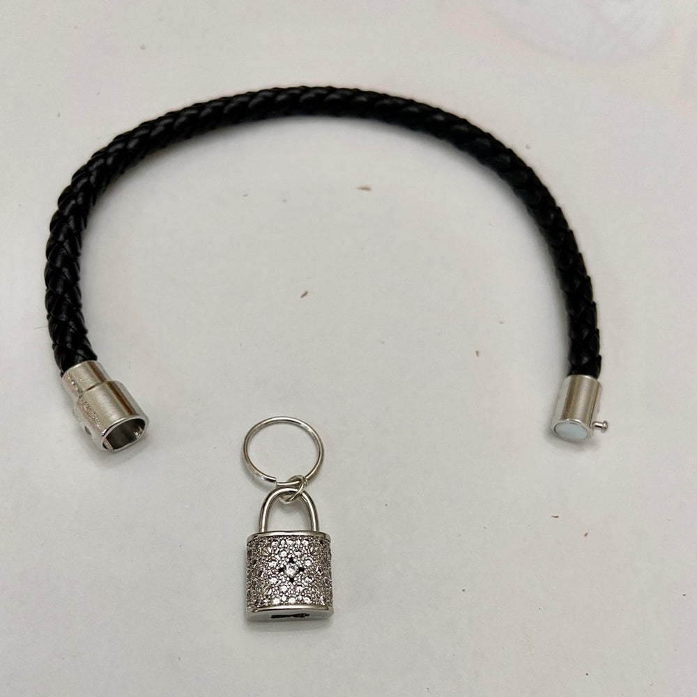 Black Braided Leather Bracelet with Padlock Charm