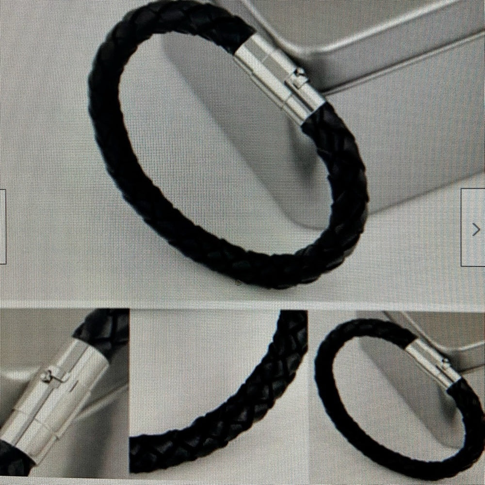 Black Braided Leather Bracelet with Padlock Charm