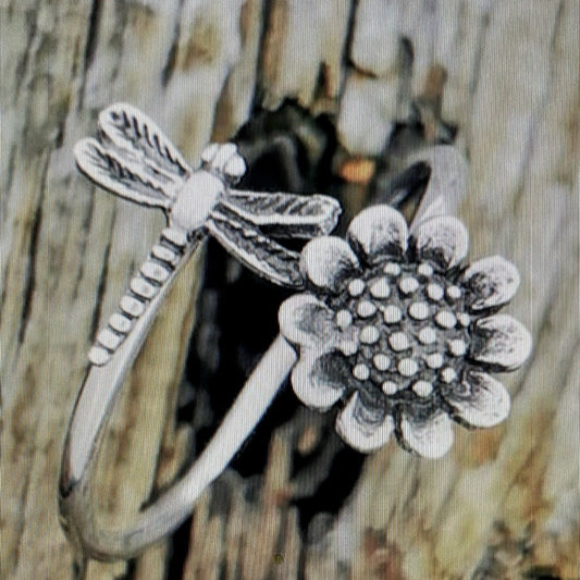 Custom Made Sunflower and Dragonfly Silver Tone  Ring