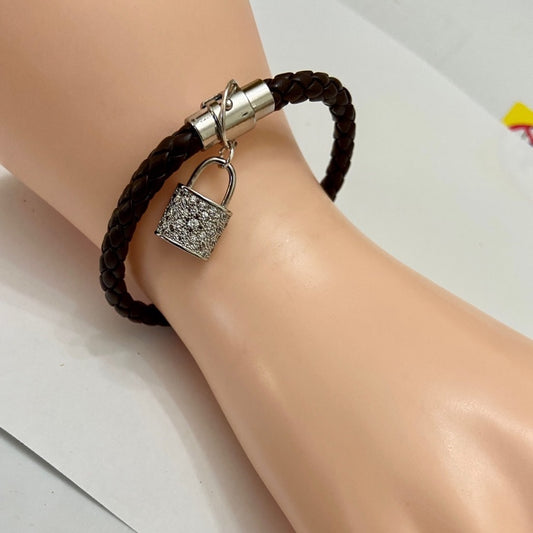 Brown Braided Leather Bracelet with Padlock Charm