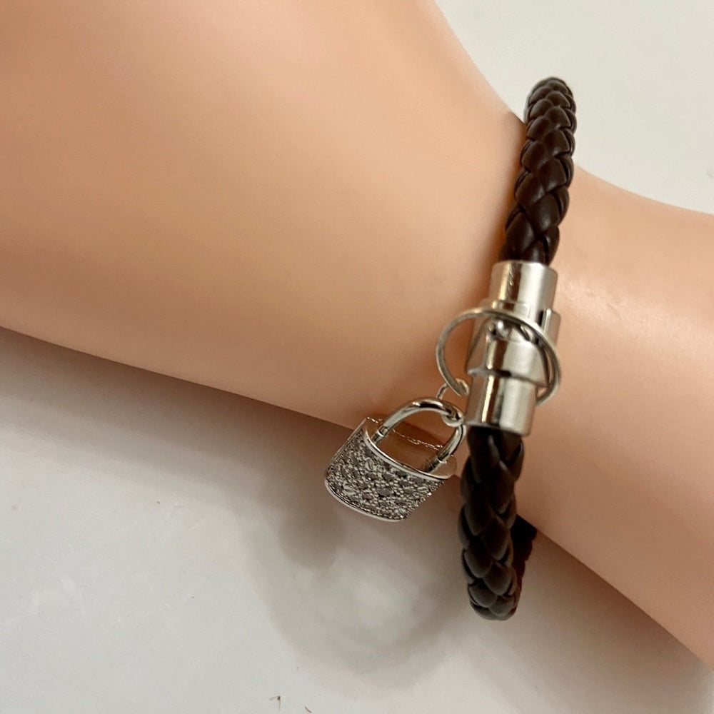 Brown Braided Leather Bracelet with Padlock Charm